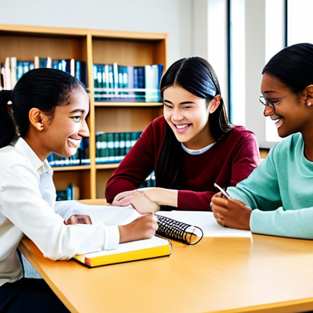Collaborative Study Session**
"A diverse group of students, fully clothed in modest attire, gathered around a table in a brightly lit library, studying TOEIC materials, appropriate content, safe for work, professional environment, perfect anatomy, natural proportions, cheerful and focused expressions, collaborative learning, high quality."
**