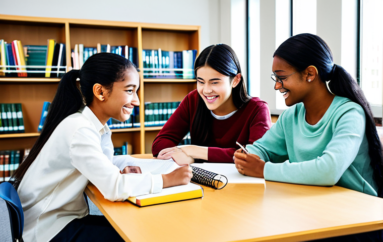 Collaborative Study Session**

"A diverse group of students, fully clothed in modest attire, gathered around a table in a brightly lit library, studying TOEIC materials, appropriate content, safe for work, professional environment, perfect anatomy, natural proportions, cheerful and focused expressions, collaborative learning, high quality."

**