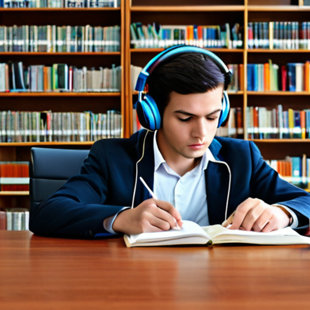 TOEIC 점수로 입사 성공한 사례 - Listening Comprehension**
"Focused student, fully clothed, in a modern library, listening intently ...