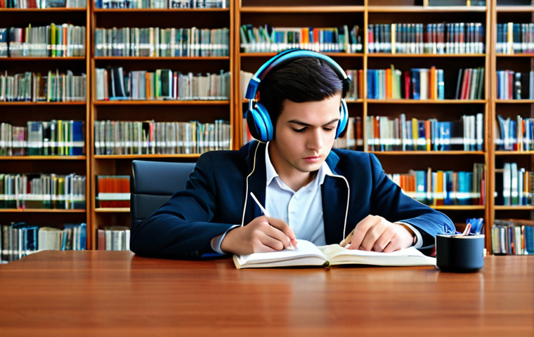 TOEIC 점수로 입사 성공한 사례 - Listening Comprehension**
"Focused student, fully clothed, in a modern library, listening intently ...