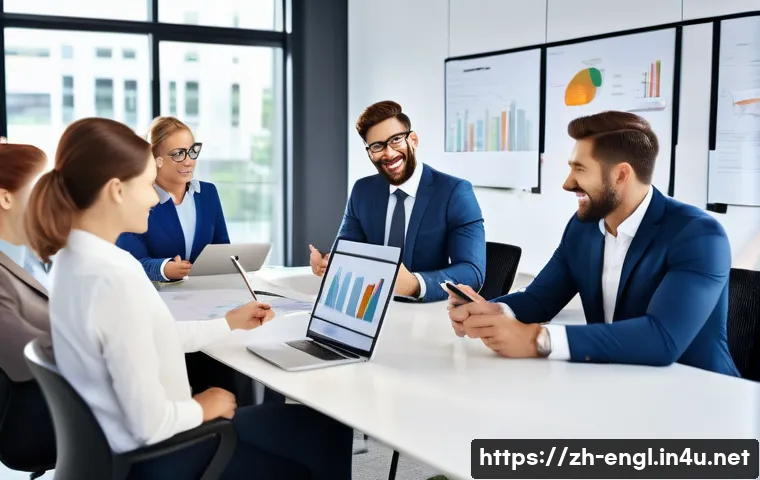 TOEIC과 TOEFL 중 어떤 시험을 선택할까 - A modern office scene showing a diverse group of professional adults in business attire engaging in ...