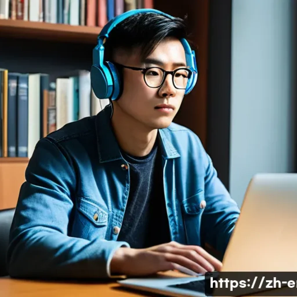TOEFL Listening 문제풀이 전략 - A modern study room scene showing a focused young Chinese adult wearing casual clothes and glasses, ...