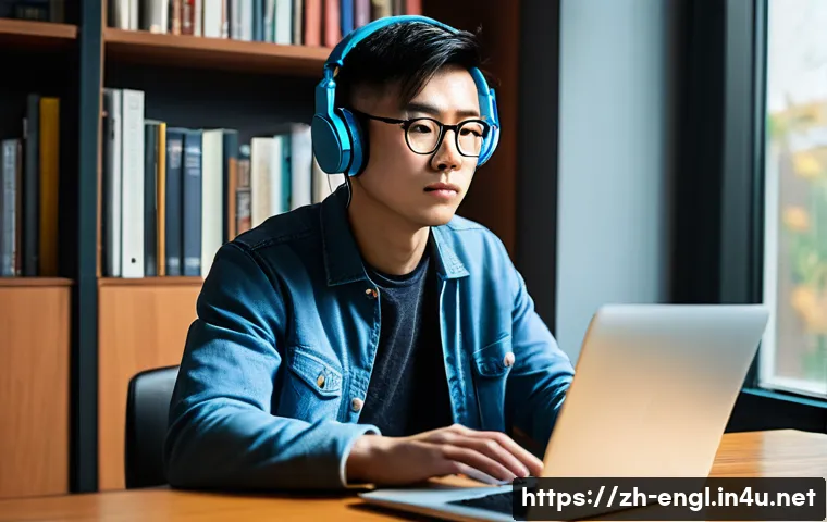 TOEFL Listening 문제풀이 전략 - A modern study room scene showing a focused young Chinese adult wearing casual clothes and glasses, ...