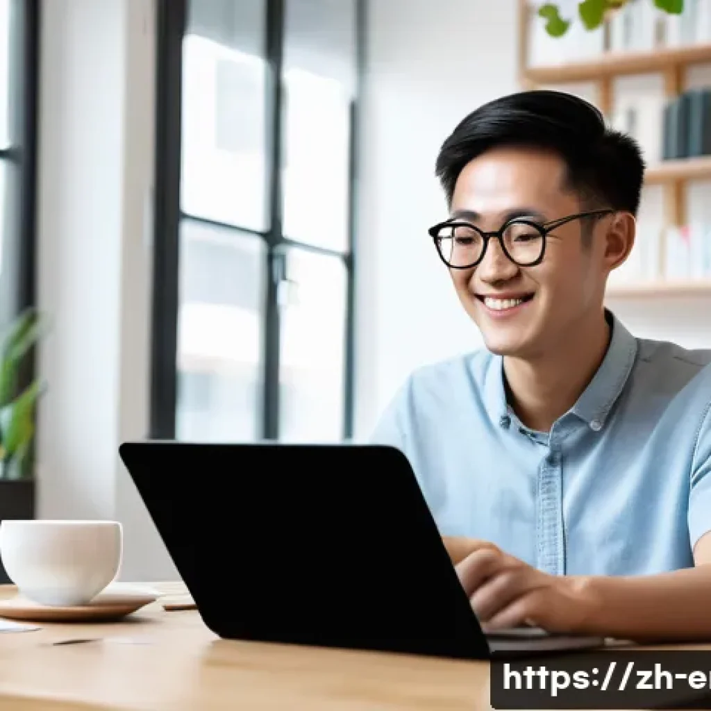TOEFL Writing 학습 도구 추천 - A modern digital workspace scene showing a young Chinese adult using a sleek laptop with an open min...