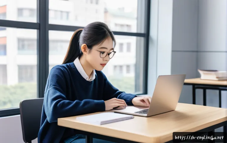 TOEIC 단어장 제작 팁 - A modern, bright study room scene showing a young Chinese adult focused on learning TOEIC vocabulary...