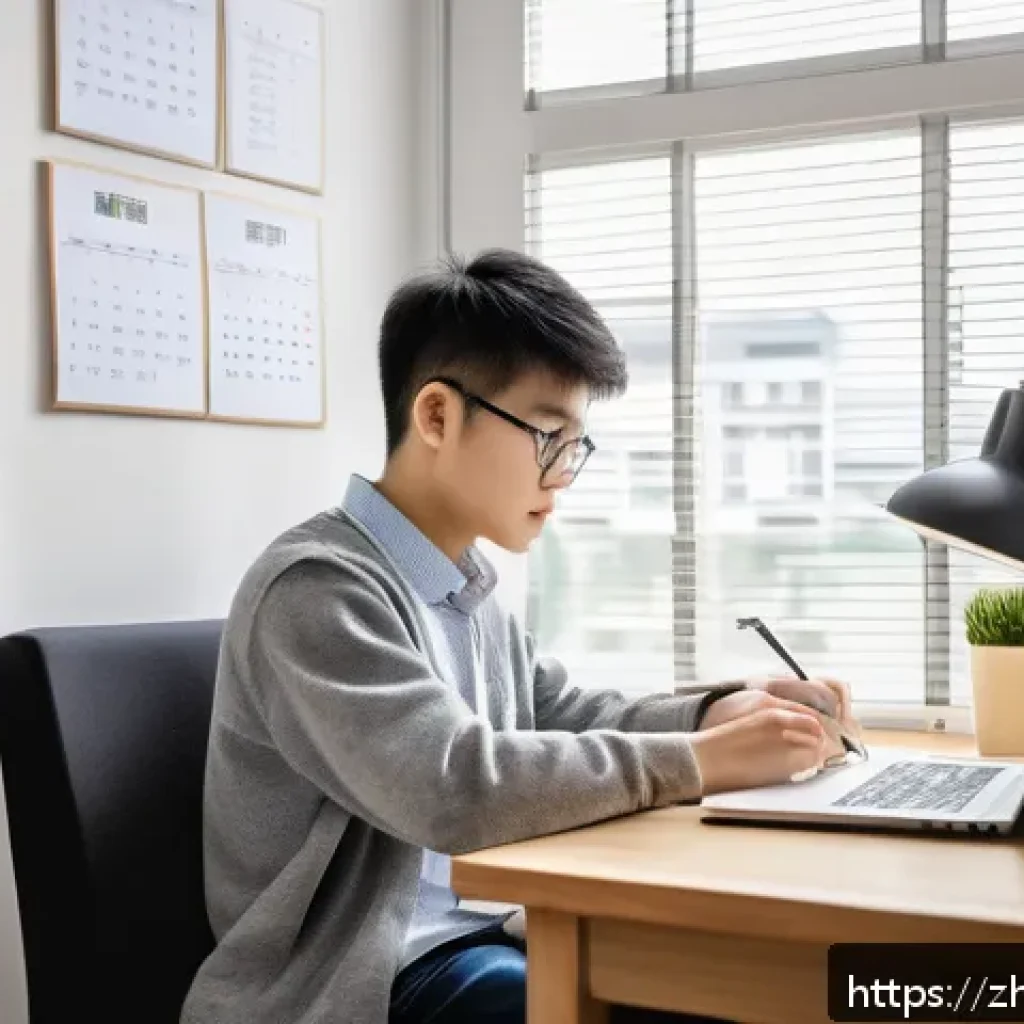 TOEFL Reading 효율적 풀이 방법 - A modern study room scene focused on a young adult Chinese student sitting at a wooden desk, reading...