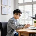 TOEFL Reading 효율적 풀이 방법 - A modern study room scene focused on a young adult Chinese student sitting at a wooden desk, reading...