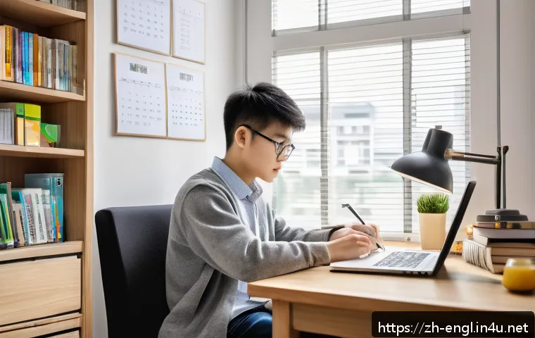 TOEFL Reading 효율적 풀이 방법 - A modern study room scene focused on a young adult Chinese student sitting at a wooden desk, reading...
