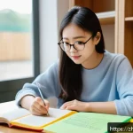 영어 시험 관련 기초부터 고급까지 - A modern, cozy study room scene featuring a young Chinese adult woman sitting at a wooden desk surro...