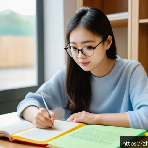 영어 시험 관련 기초부터 고급까지 - A modern, cozy study room scene featuring a young Chinese adult woman sitting at a wooden desk surro...