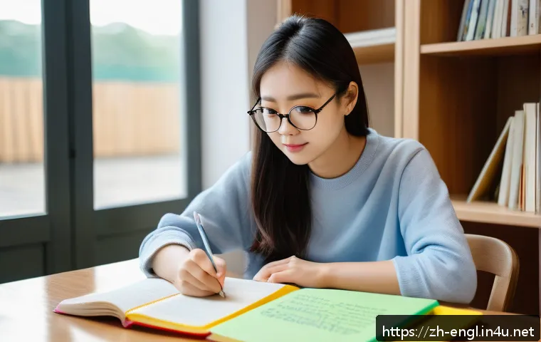 영어 시험 관련 기초부터 고급까지 - A modern, cozy study room scene featuring a young Chinese adult woman sitting at a wooden desk surro...