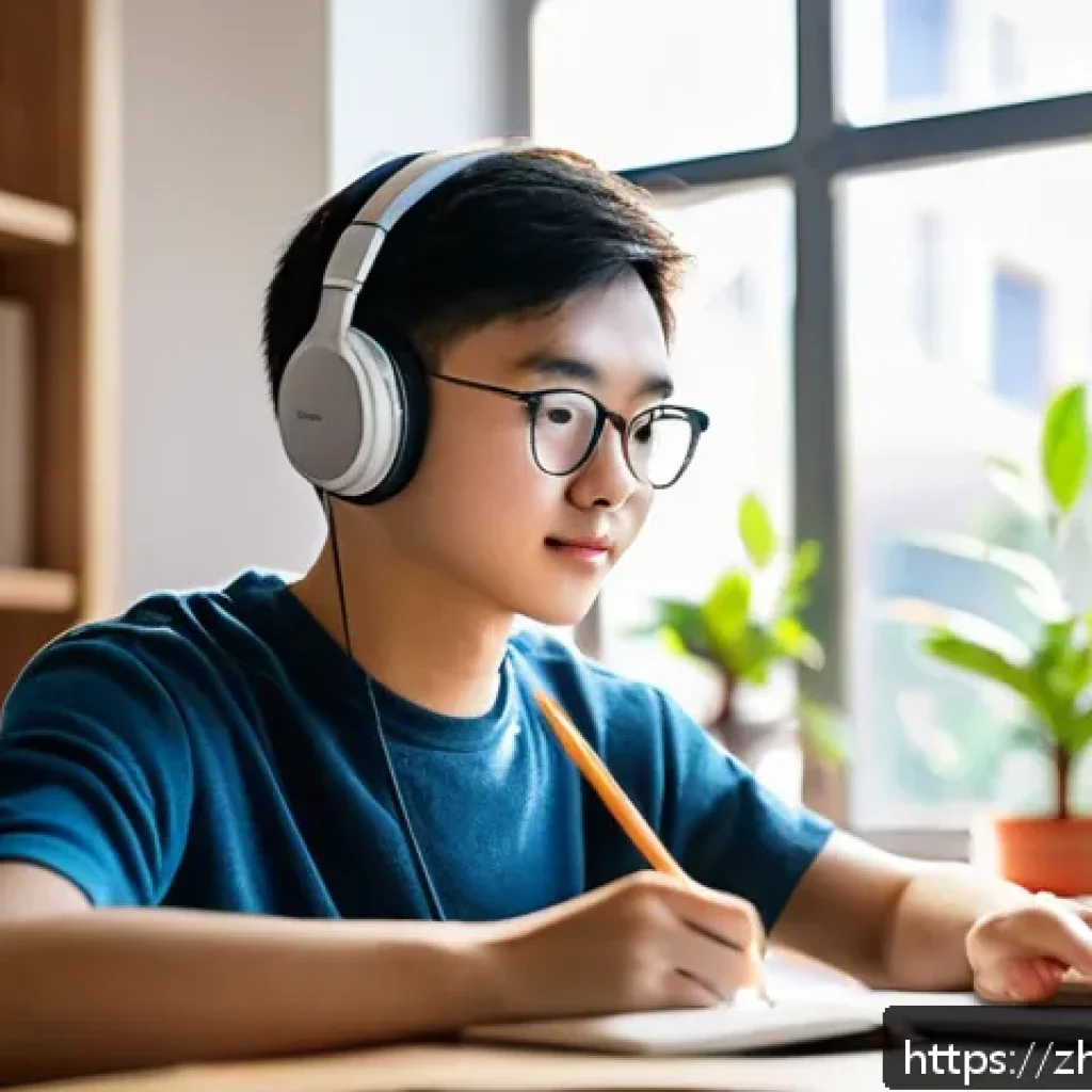 TOEFL Listening 집중 훈련법 - A modern study scene featuring a young Chinese student in casual clothing, sitting at a neat desk wi...