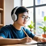 TOEFL Listening 집중 훈련법 - A modern study scene featuring a young Chinese student in casual clothing, sitting at a neat desk wi...