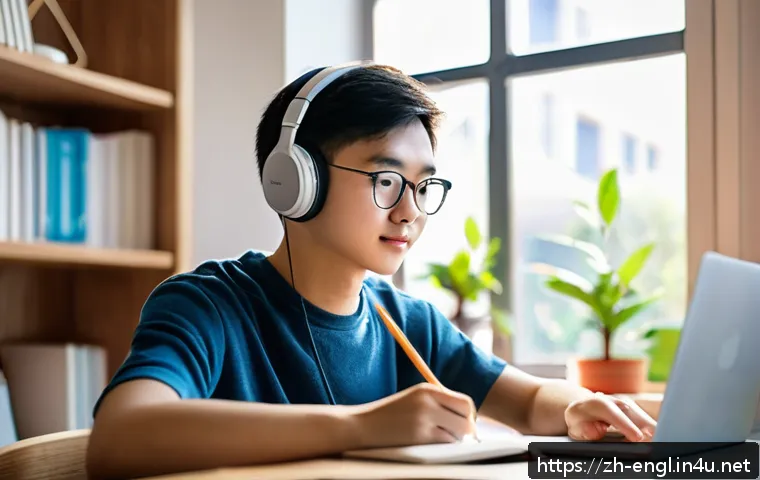 TOEFL Listening 집중 훈련법 - A modern study scene featuring a young Chinese student in casual clothing, sitting at a neat desk wi...