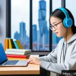 TOEFL Listening 교재 추천 - A modern study room scene featuring a young Chinese adult student focused on TOEFL listening practic...