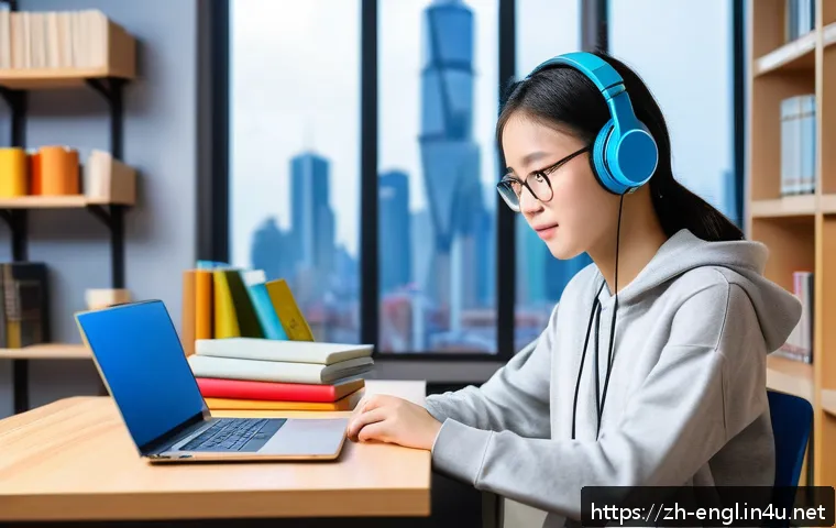 TOEFL Listening 교재 추천 - A modern study room scene featuring a young Chinese adult student focused on TOEFL listening practic...