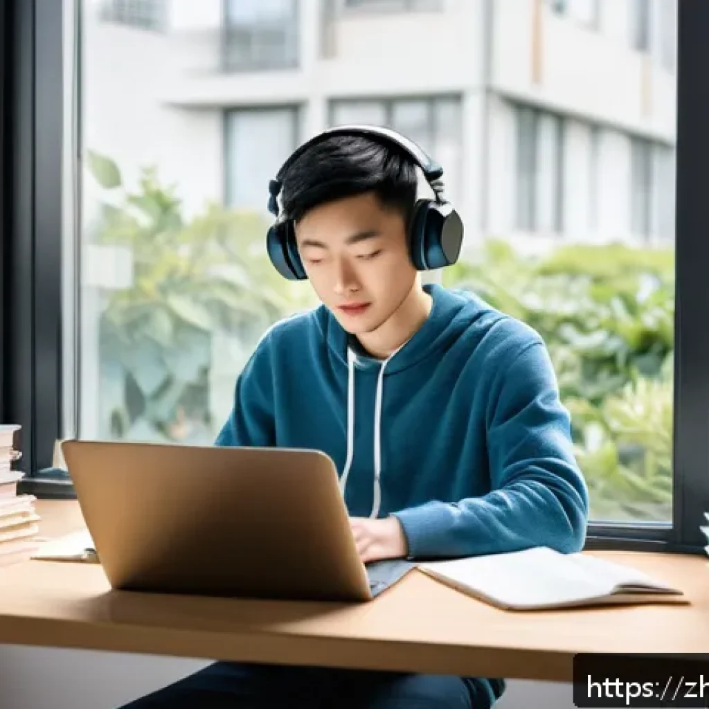 TOEIC 시험 후기 모음 - A focused young Chinese adult studying TOEIC exam materials at a tidy desk, with a laptop, TOEIC voc...