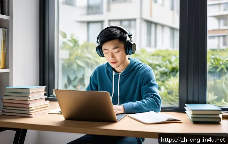 TOEIC 시험 후기 모음 - A focused young Chinese adult studying TOEIC exam materials at a tidy desk, with a laptop, TOEIC voc...