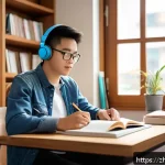 TOEFL Listening 파트별 공략법 - A focused young adult studying TOEFL listening skills in a modern, cozy study room with headphones o...