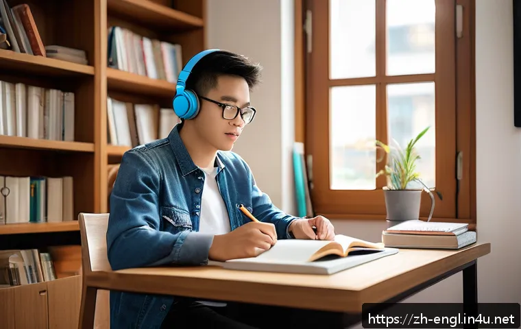 TOEFL Listening 파트별 공략법 - A focused young adult studying TOEFL listening skills in a modern, cozy study room with headphones o...