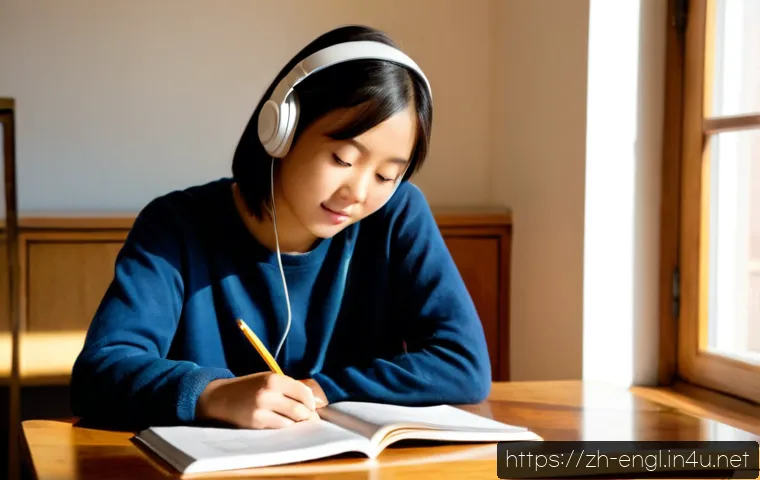 영어 시험 성적 상승 경험담 - Photorealistic study success scene, a focused Chinese young adult student seated at a tidy wooden de...